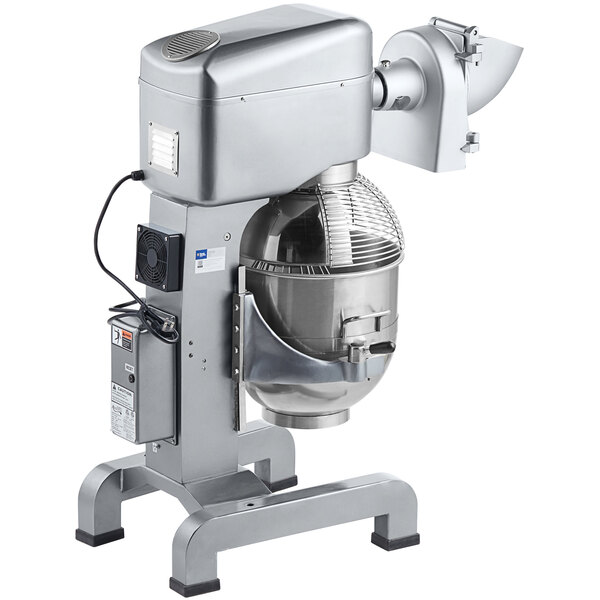 An Avantco commercial mixer with metal attachments on top.