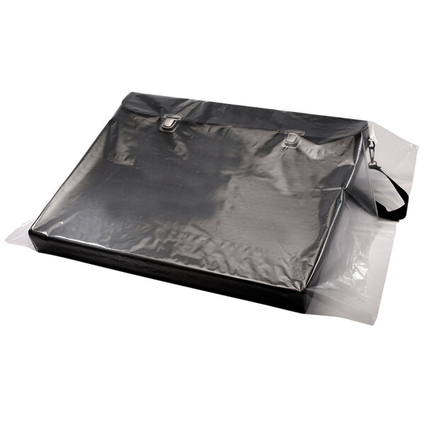 A Lavex clear poly bag with handles.