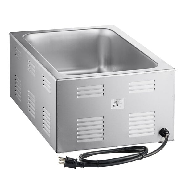 A stainless steel electric countertop food warmer with a power cord, designed for full-size pans.