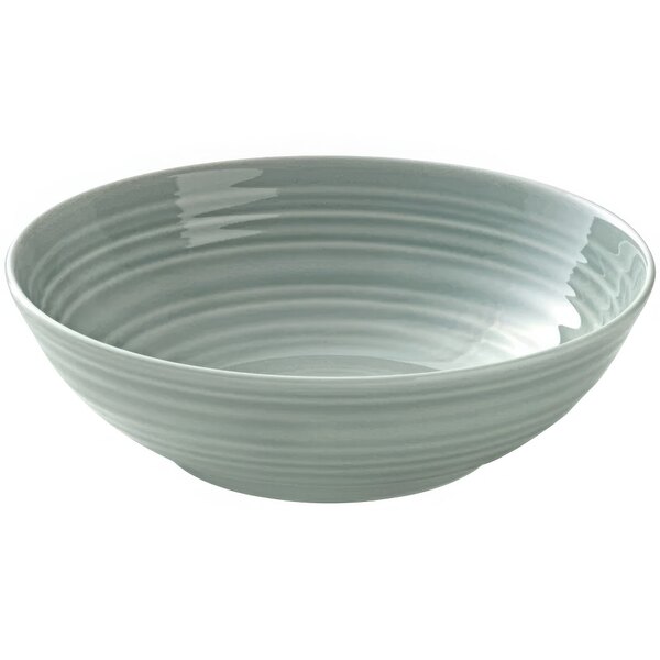 A white Bauscher porcelain bowl with a curved surface and a gray stripe design.
