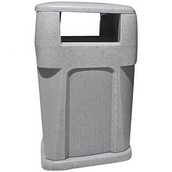 A grey Wausau Tile square trash receptacle with a cut out lid.