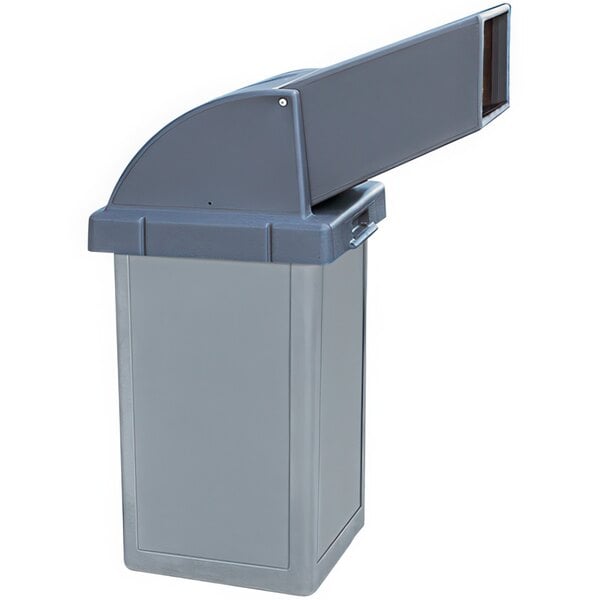 A grey rectangular Wausau Tile Tuffy trash receptacle with a drive-up lid.