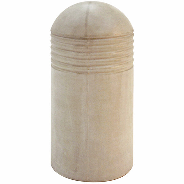 A white cylindrical concrete bollard with a round top.