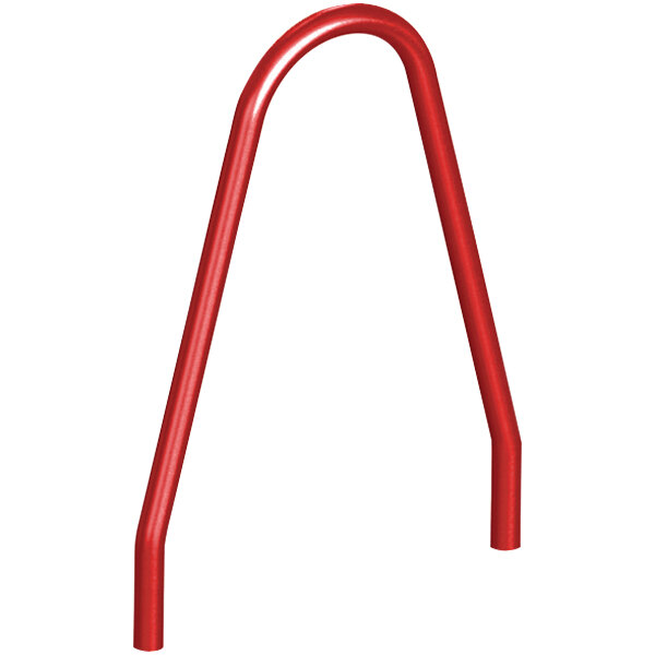 A red metal Wausau Tile inground mount Bola bike rack frame.