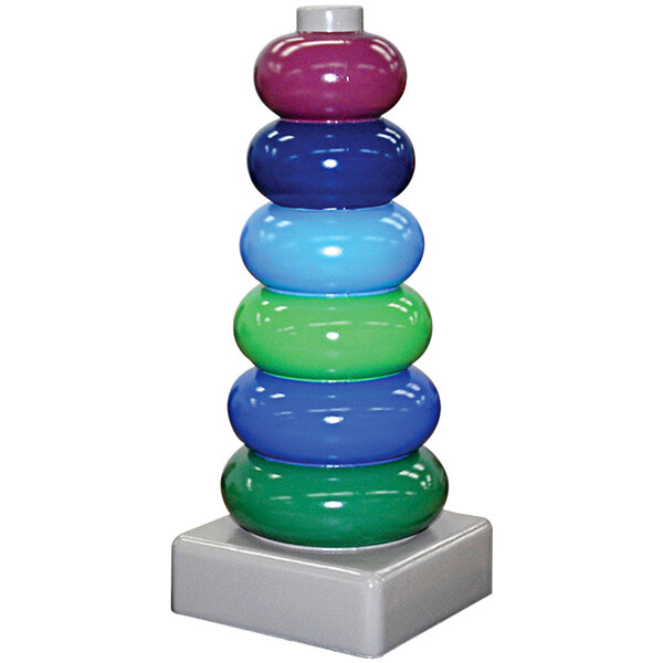 A Wausau Tile stacking rings bollard with colorful rings on top.