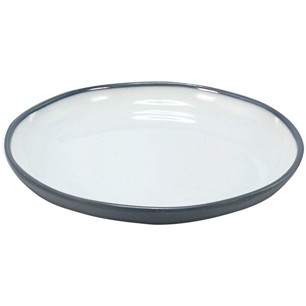 A white and steel blue Dalebrook melamine deep plate with a rim.