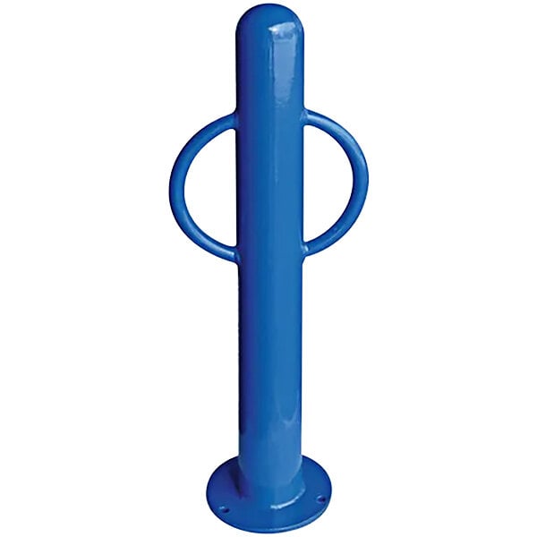 A blue metal Wausau Tile bike rack pole with two rings and handles.