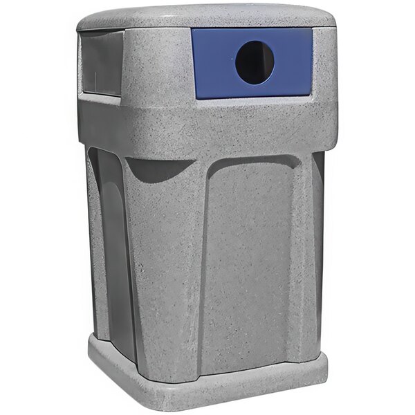 A grey Wausau Tile plastic square trash receptacle with a blue 4-way push door lid.