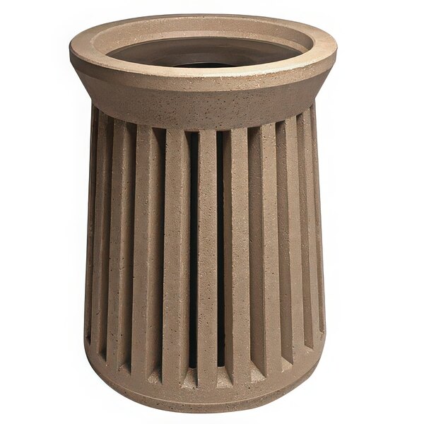 A Wausau Tile round stone trash receptacle with an aluminum lid.