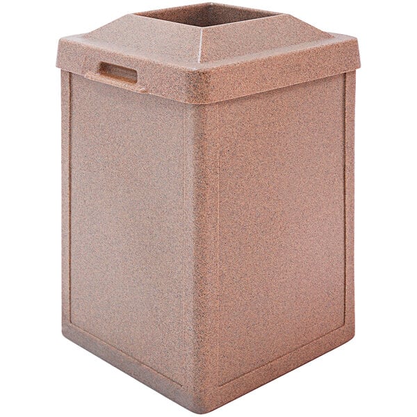 A brown rectangular Wausau Tile Tuffy plastic trash can with a lid.