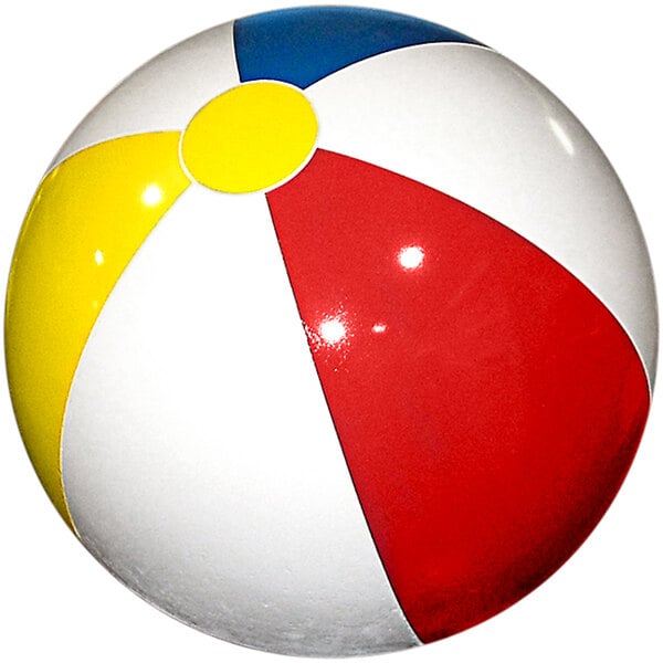 A colorful beach ball with blue, white, yellow and red stripes.