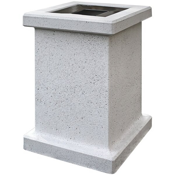 A white rectangular object with a square base and top, Wausau Tile concrete trash receptacle with aluminum funnel lid.