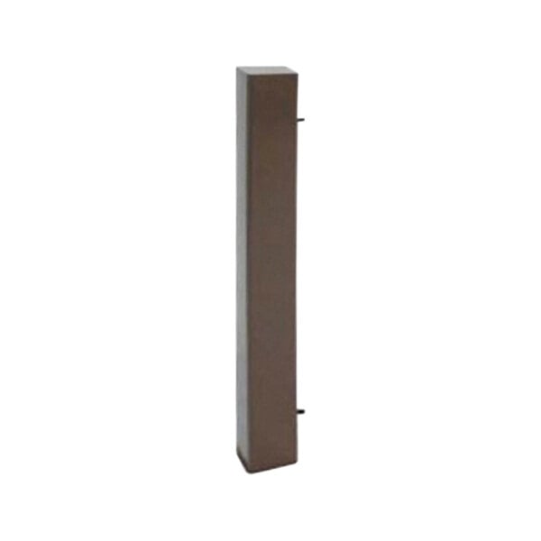 A rectangular brown steel end post for a fence panel with a screw.