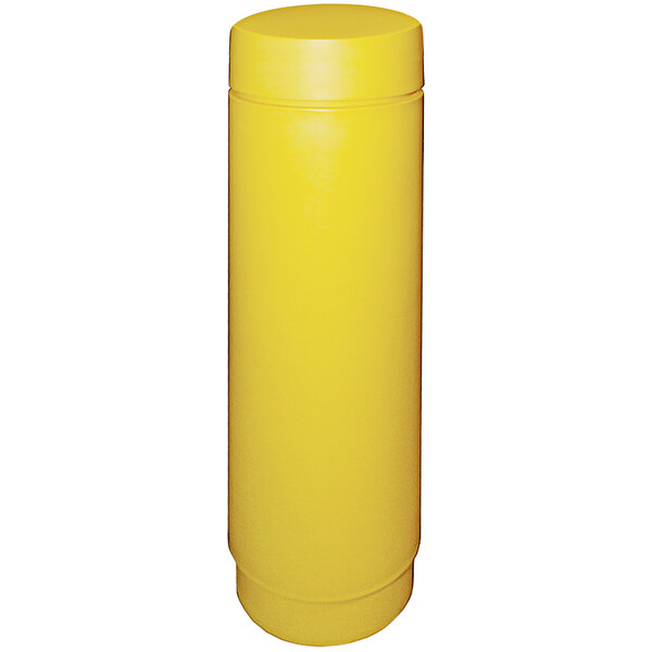 A yellow Wausau Tile plastic cylinder with a black border and a lid.