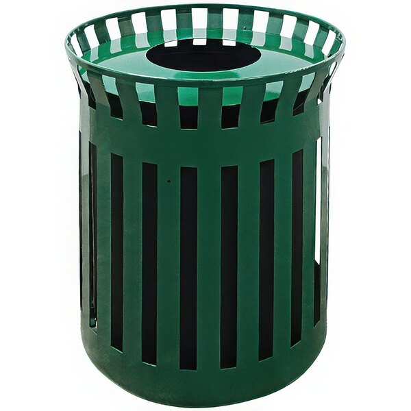 A green Wausau Tile steel trash receptacle with aluminum funnel lid.