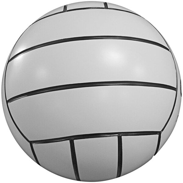 A white concrete sphere with black lines.