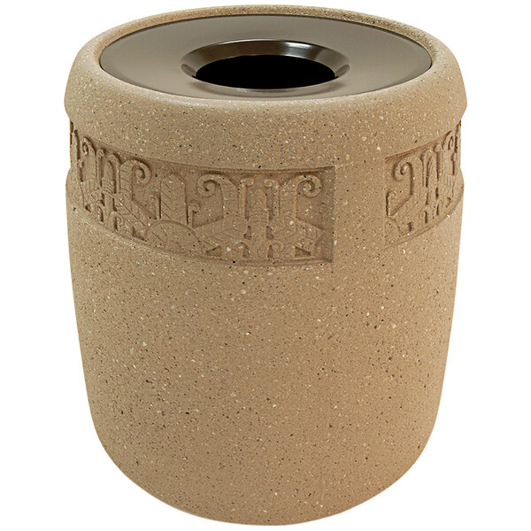 A stone container with a metal lid, the Wausau Tile Westlake trash receptacle.