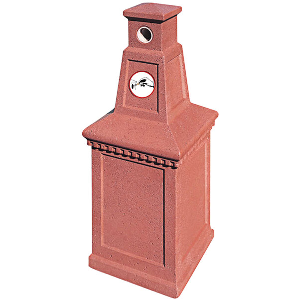 A red square concrete cigarette ash receptacle with a white circle on top.