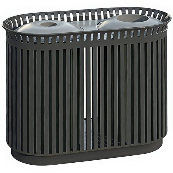 A black Wausau Tile double flat steel outdoor trash receptacle with two compartments and aluminum lids.
