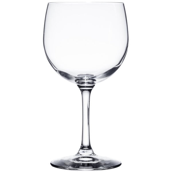 A close-up of a Libbey customizable round wine glass with a stem.