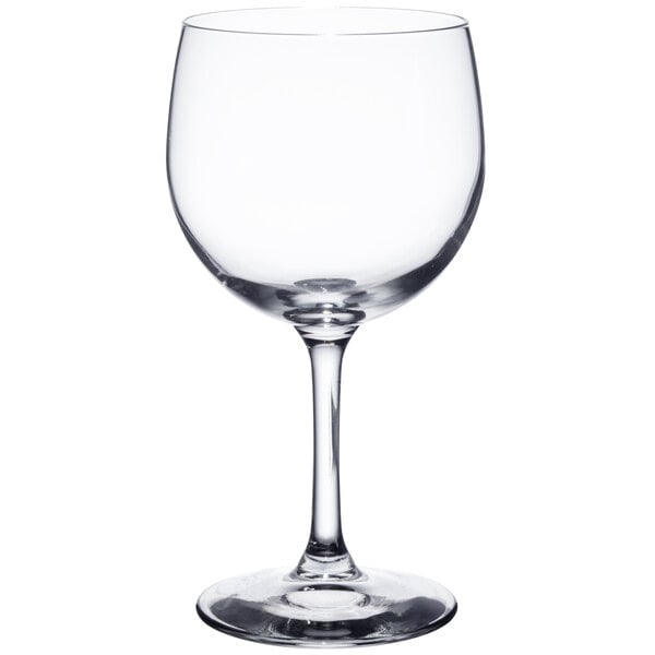 A close-up of a Libbey customizable round wine glass with a stem.