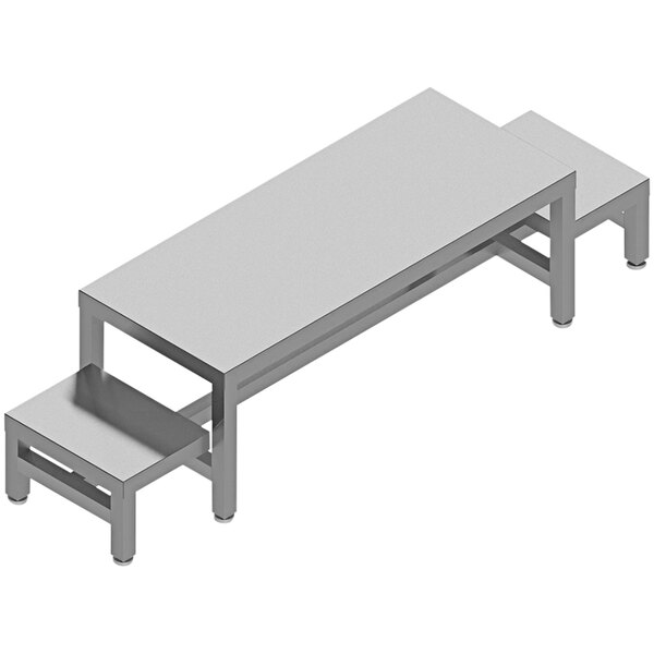 A white table with two white stainless steel benches.