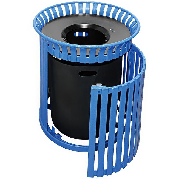 A blue Wausau Tile flat steel round trash receptacle with an aluminum funnel lid and side door.