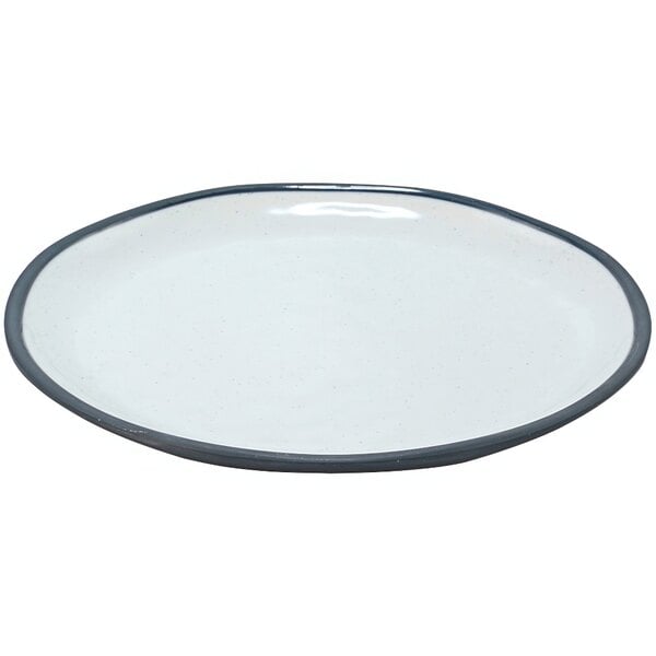 A white melamine plate with a blue rim.