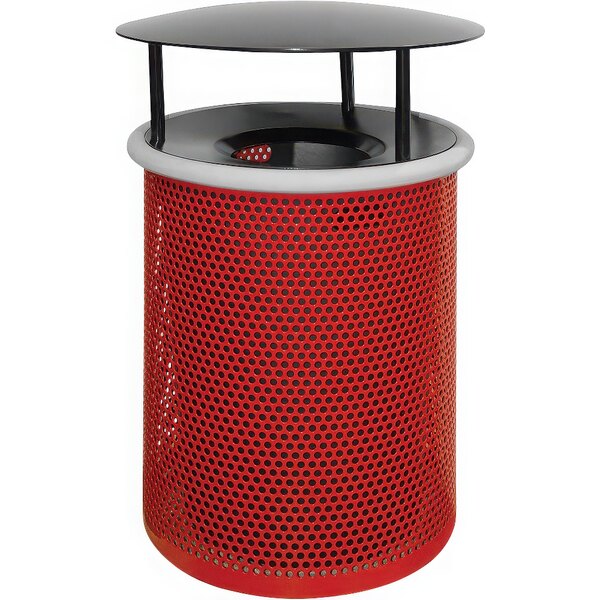 A red Wausau Tile steel trash receptacle with a black funnel lid and a white rain hood.