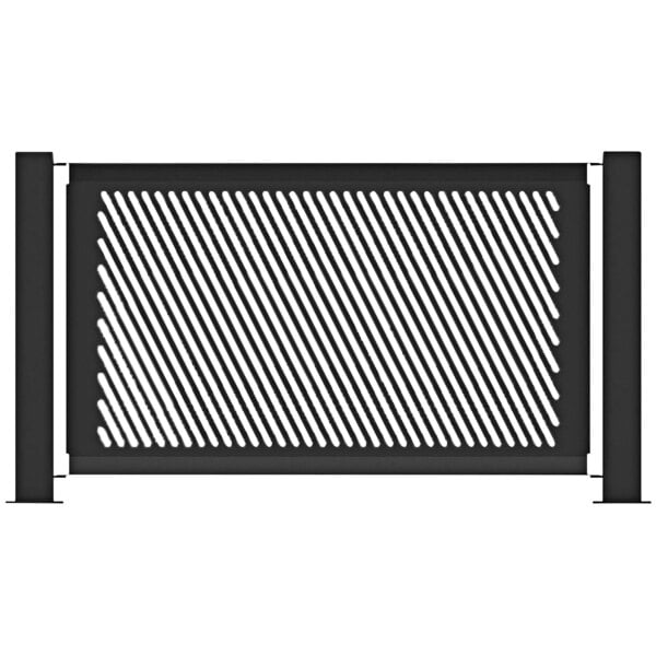 A black metal fence panel with a slant design and white stripe.