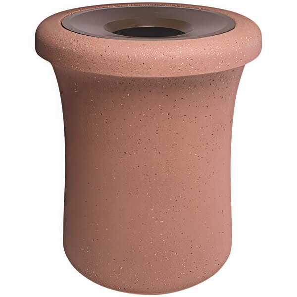 A brown Wausau Tile concrete trash receptacle with an aluminum funnel lid.