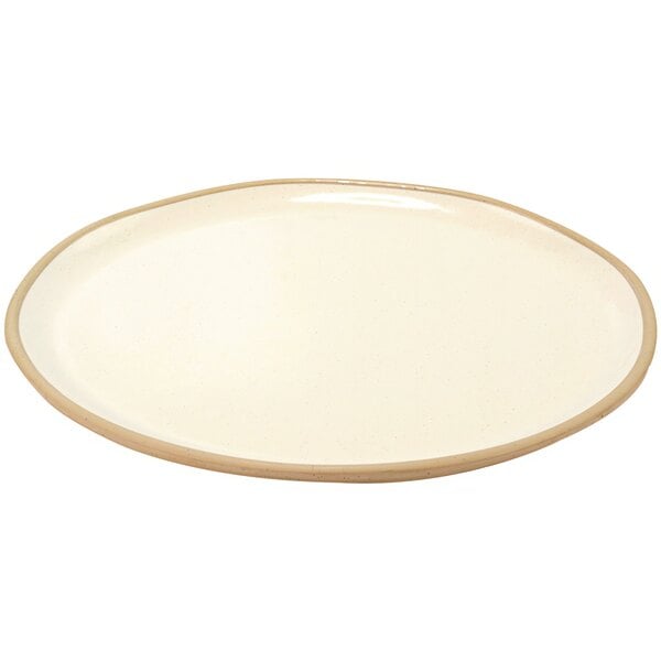 A white Dalebrook melamine plate with a tan rim.