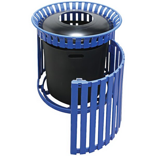 A blue Wausau Tile steel trash receptacle with black lid and blue handle.