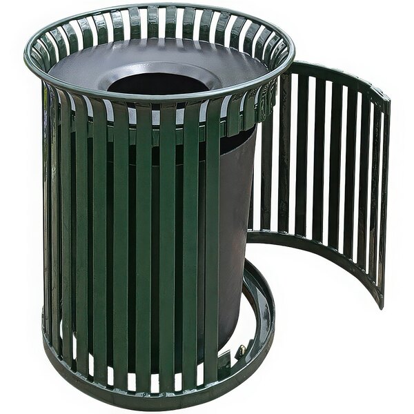 A green metal Wausau Tile trash receptacle with an open side door and aluminum funnel lid.