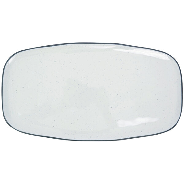 A white rectangular plate with blue speckled edges.