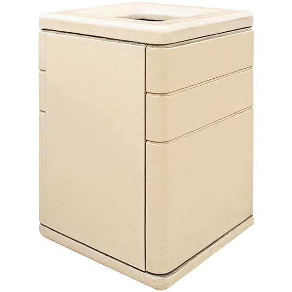 A beige rectangular concrete trash receptacle with a square top and side door.