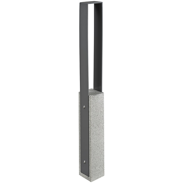 A grey rectangular metal bike rack with black accents.