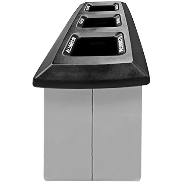 A black rectangular container with three compartments and a plastic lid with three holes.