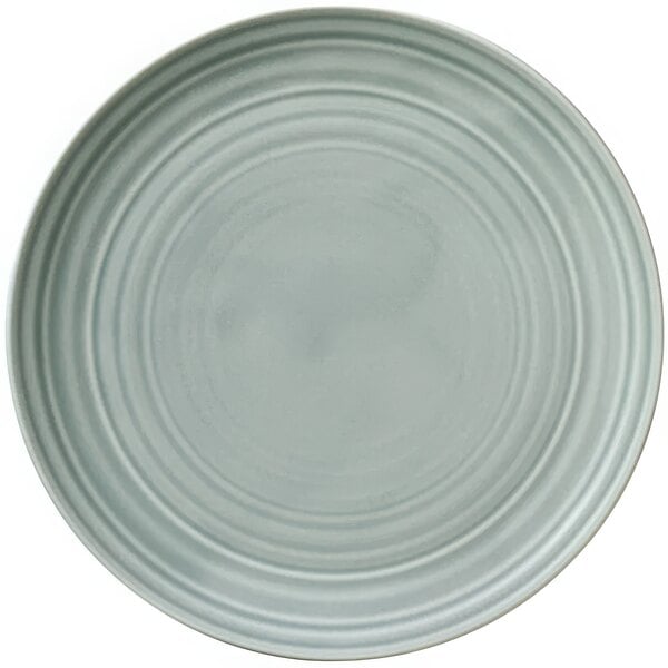 A Bauscher porcelain flat coupe plate with a white background and a circular gray pattern around the edge.