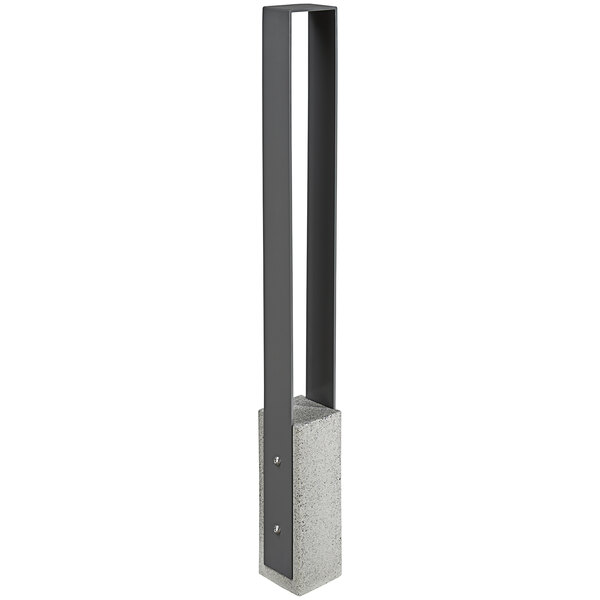 A concrete pillar with a black metal Wausau Tile bike rack with gray metal accents.