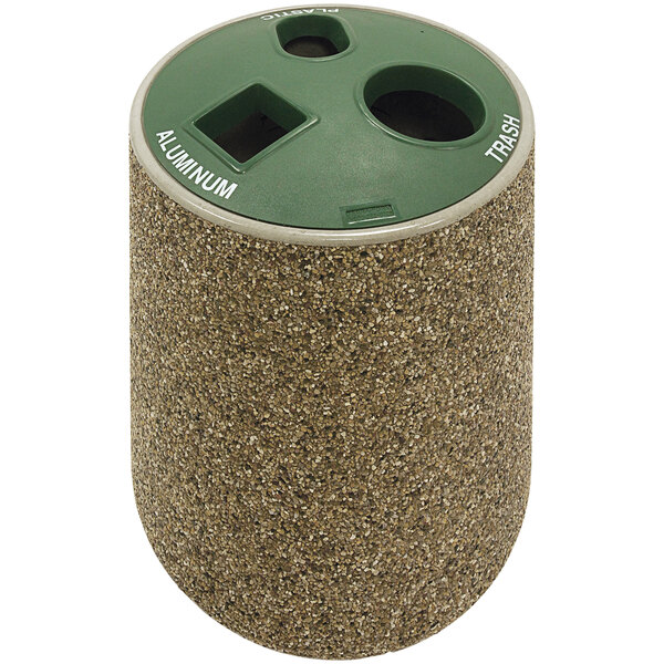 A green and brown Wausau Tile concrete recycling station with three holes.