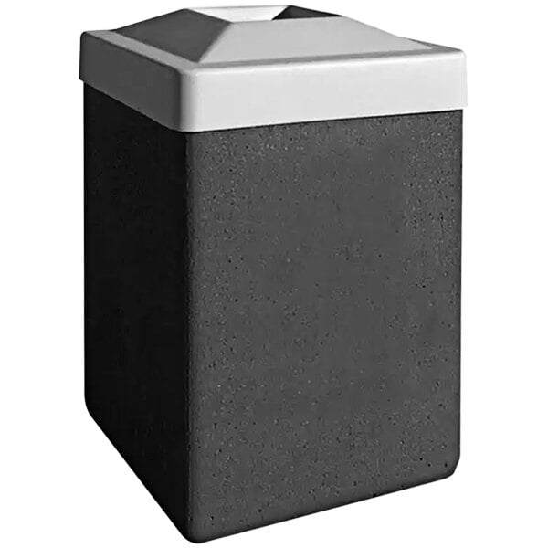 A black and white square concrete trash can with a white plastic lid.