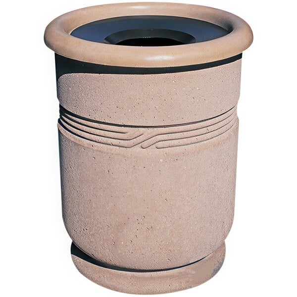 A Wausau Tile concrete decorative trash can with an aluminum funnel lid.