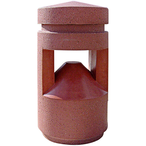 A red concrete Wausau Tile St. Pete lighted bollard with a hole in the top.