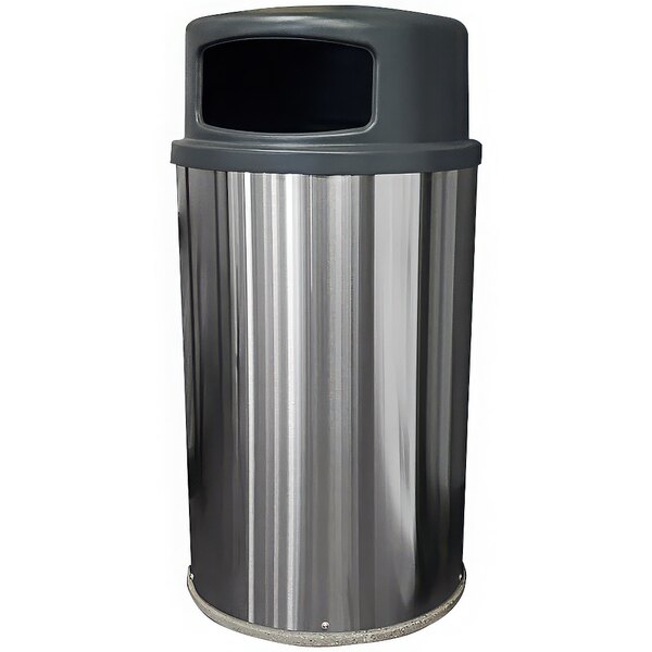 A Wausau Tile stainless steel round trash receptacle with a plastic dome lid and snuffer pan.