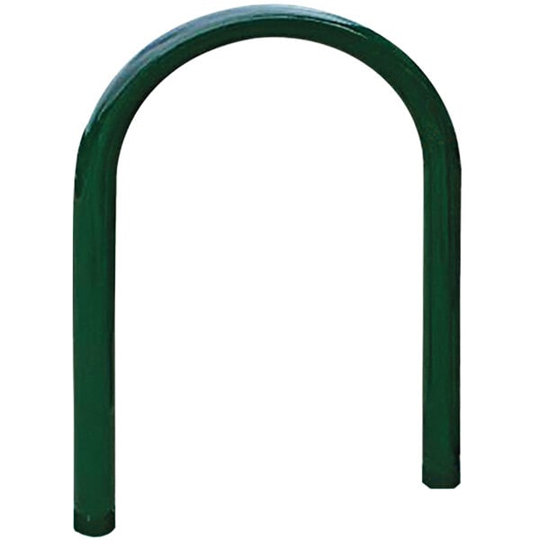 A green metal Wausau Tile U-style bike rack with two arms.