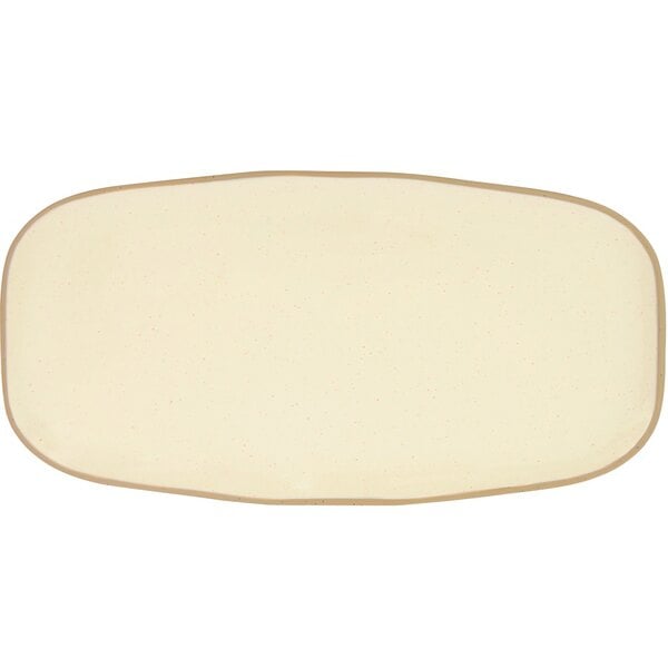 A white rectangular Dalebrook melamine plate with a brown border.