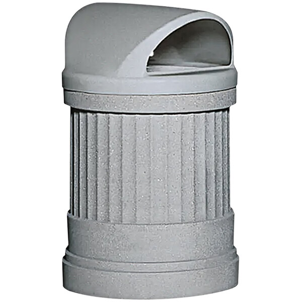 A grey Wausau Tile Deerfield decorative outdoor waste receptacle with a plastic lid.