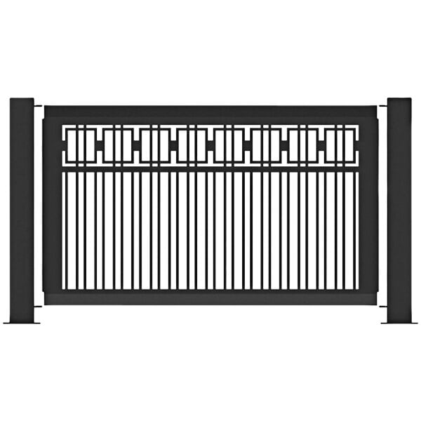 A black metal fence panel with a box design.