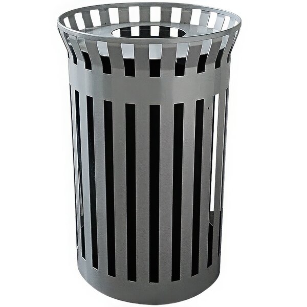 A grey Wausau Tile steel trash can with a black lid.